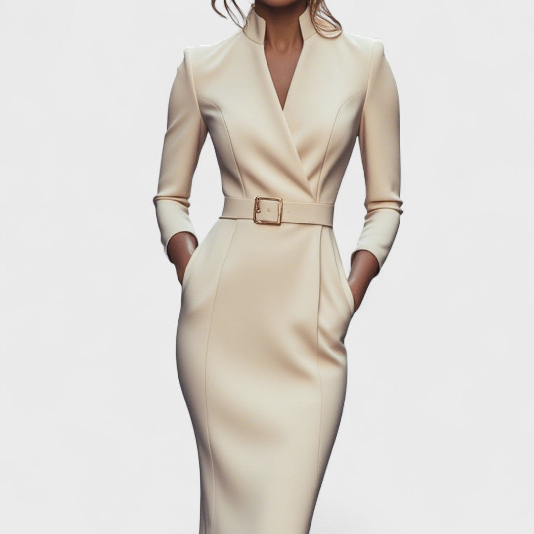 NoirLuxe™ | Mandarin Grace Belted Dress