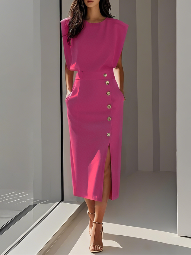 Malene™ | Classic Button-Slit Midi Dress