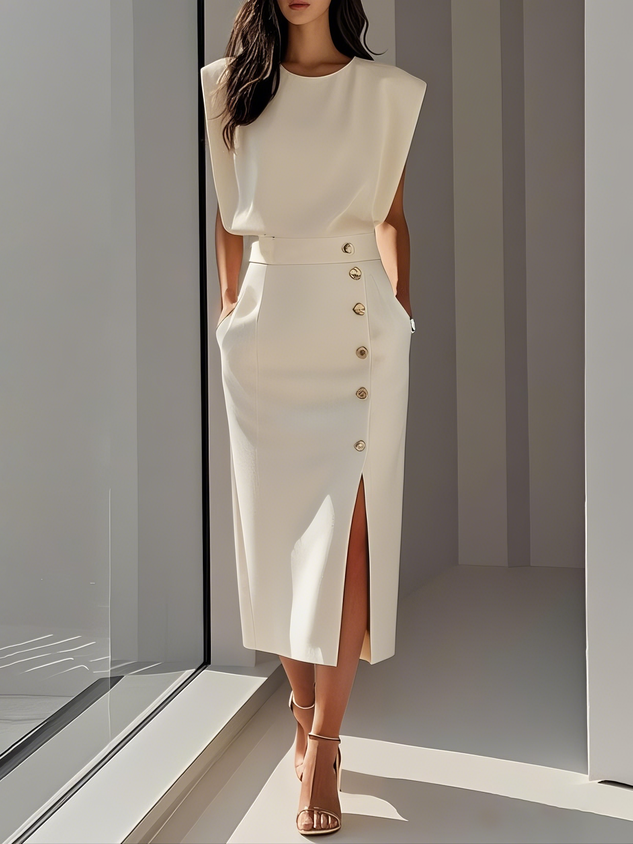 Malene™ | Classic Button-Slit Midi Dress