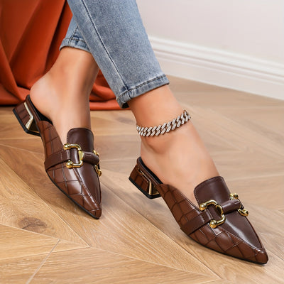 BuckleGrace™ Brown Pointed-Toe Mule Loafers
