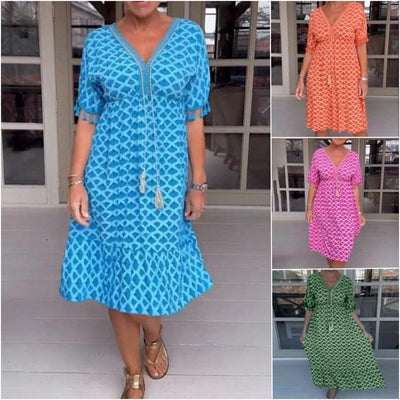 TasselGleam™ V-Neck Print Midi Dress