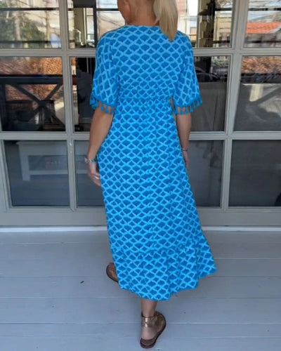 TasselGleam™ V-Neck Print Midi Dress