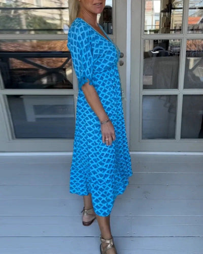 TasselGleam™ V-Neck Print Midi Dress