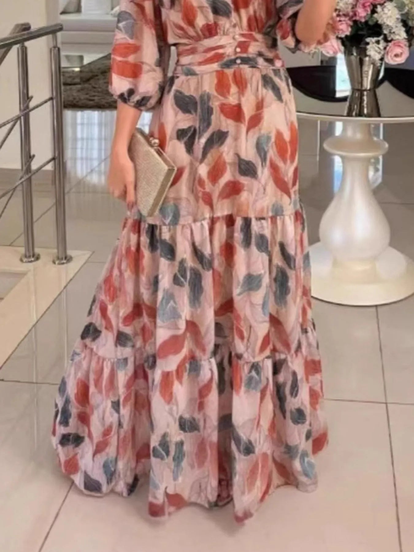 Aureva™ | Full-Size Printed V-Neck Maxi Dress with Tiered Hemline