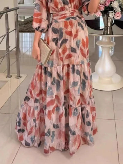 Aureva™ | Full-Size Printed V-Neck Maxi Dress with Tiered Hemline