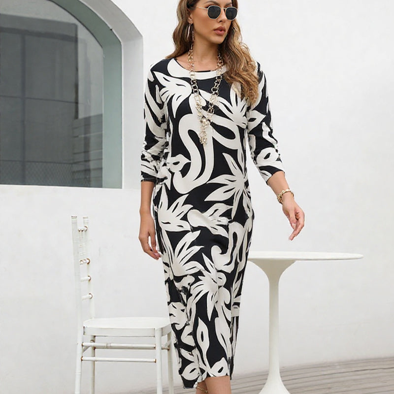 PrintEase™ Elegant Loose Round-Neck Dress