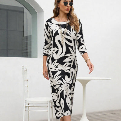 PrintEase™ Elegant Loose Round-Neck Dress