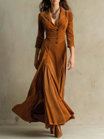Fiona™ | Elegant Retro Velvet Maxi Dress with Lapel Collar