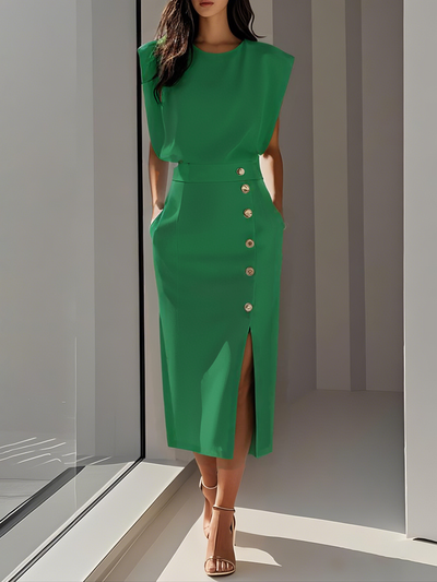 Malene™ | Classic Button-Slit Midi Dress