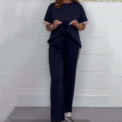 StripeEase™ – Side Stripe Short Sleeve T-Shirt & Wide-Leg Jogger Set