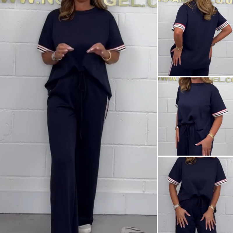 StripeEase™ – Side Stripe Short Sleeve T-Shirt & Wide-Leg Jogger Set