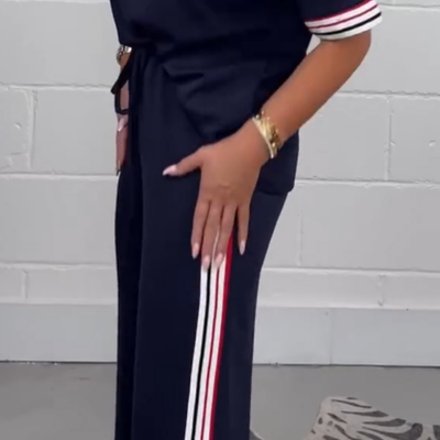 StripeEase™ – Side Stripe Short Sleeve T-Shirt & Wide-Leg Jogger Set