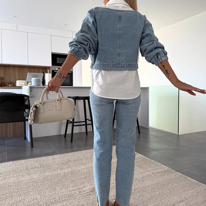 DenimMuse™ – Chic Long Sleeve Denim Two-Piece Set