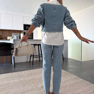 DenimMuse™ – Chic Long Sleeve Denim Two-Piece Set